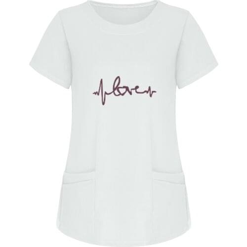 Plus Size M-5XL Ladies Love ECG Print Nurse Uniform 2021 Summer Women Short-Sleeved Health Care Working Scrub Tops Enfermera A50