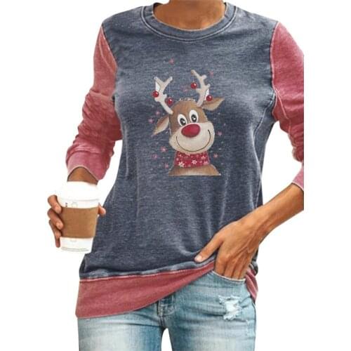 Women Long Sleeve Shirts Christmas Santa Reindeer Letter Graphic Pullover Top Contrast Color Crewneck Holiday Sweatshirt