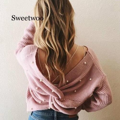 2020 New Sweater Women Autumn Winter Sexy Backless Cross Pullover Jumper Knitting Loose Clothes Female Fashion Winter Sweater