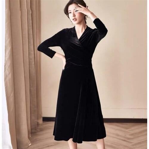 Winter New Fashion Solid A-Line Women'Dress Autumn Velvet Elegant Party Dress V-Neck Femme Midi Dress Streetwear Plus Size S-6XL