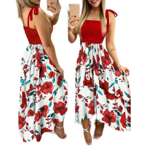 Women Dress Floral Print Off Shoulder Sling Low Cut Patchwork Dress 2021 Boho Summer Vintage Long Dresses For Women Robe Femme