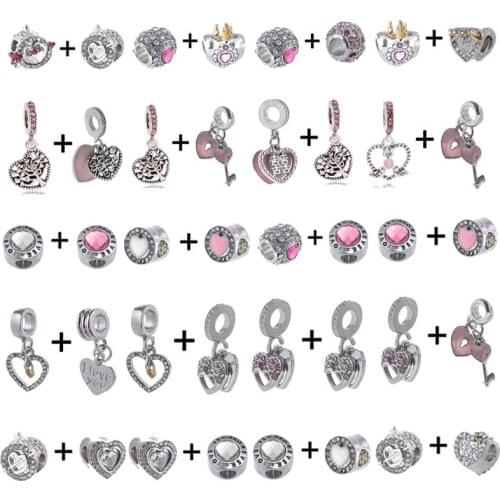 2Pcs/Lot 45 Styles Crystal Crown Heart Charms Beads Fit Brand Bracelet For Women Handmake Romantic Valentines Day Jewelry Gift