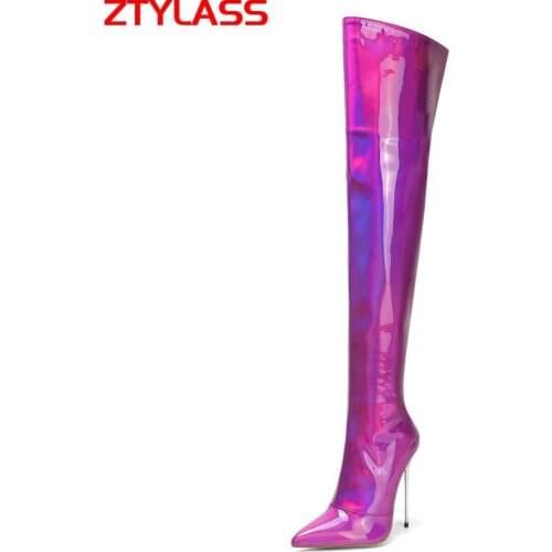 2021 Autumn Winter Women Boots Faux Leather Over The Knee Boots Sexy Thin High Heel Long Boots Zipper Ladies Boots Purple Red