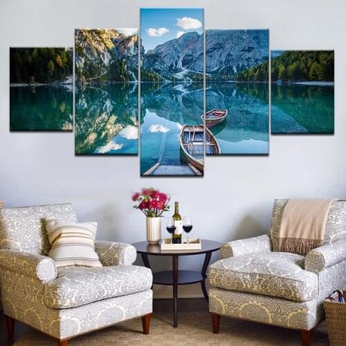 5pcs HD Printing Canvas Painting Natural Scenery Lake Water Wooden Boat Sky Art Group Home Decor Wall Poster Modular Picture