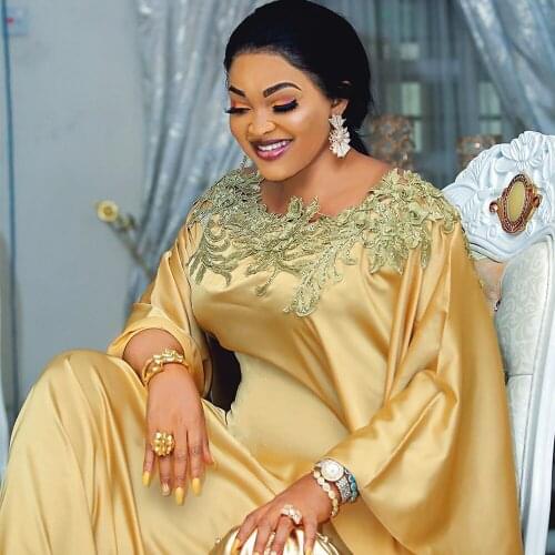 African Women Dresses Plus Size Satin Dashiki Diamond Beads Embordery African Clothes Abaya Dubai Muslim Dress Robe