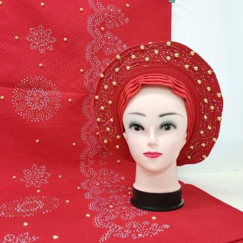 African Turban Gele Headtie With Shawl Pearls Stones Pretty Pink Aso Oke Gele Already Made Auto Gele Aso Ebi Headtie 2pcs Afric