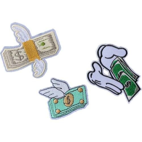 Fly Wings America Currency US Dollar Money Appliques Embroidered Iron on Patch for Clothes Apparel DIY Stripe Patch Wholesale