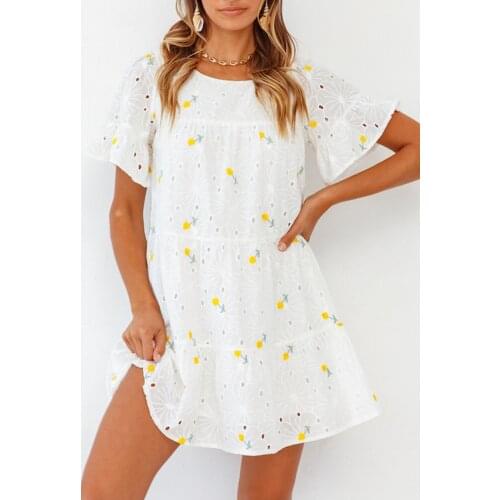 Hollow out yellow flower holiday dress Cotton short sleeve embroidery dresses Holiday beach boho dresses summer