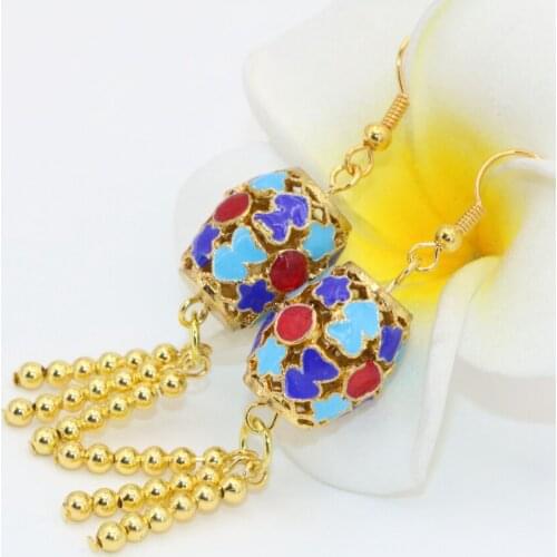 Bohemia style unique design hot sale barrel vintage cloisonne gold-color 13*16mm long tassel drop dangle earrings jewelry B2602