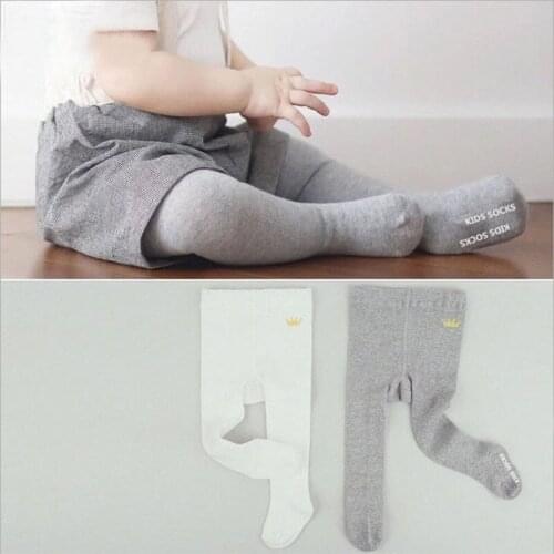 Grey white crown pure cotton baby plain pantyhose anti slip baby socks baby leg warmers kid baby boy girl meias para bebe