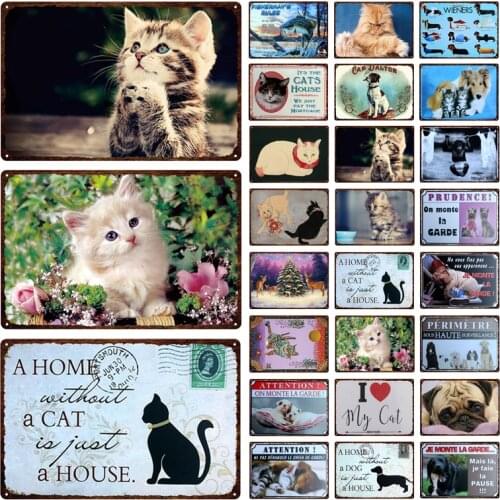 Cats And Dogs Metal Tin Sign Retro Fade-Resistant Decorative Plaque Home Beloved Pet Houses And Pet Shops Kitten Tin Painting