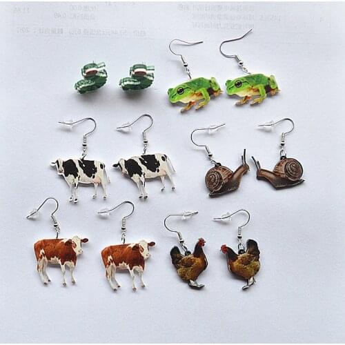 Creative Emulational Cartoon Animal Earrings Personal Funny Acrylic Printing Chicken Cows Naughty Earrings Student Child Gifts