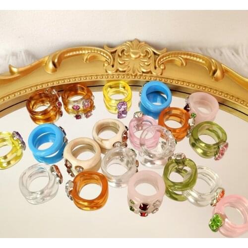 2021 New Transparent Resin Acrylic Rhinestone Ring For Women Aesthetic Colorful Geometric Square Round Rings Simple Jewelry Gift