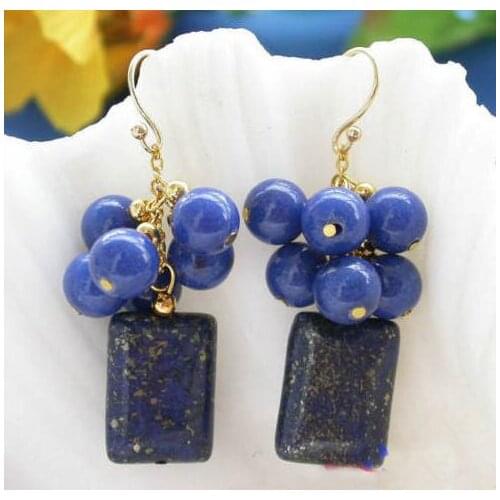 New Arrival Favorite Pearl Jewelry 18mm Blue Ablong Round Lapis Lazuli 14K Gold Dangle Earrings Charming Lady Gift