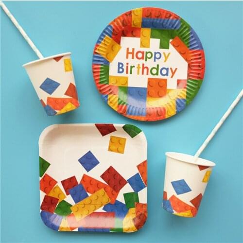 Blocks Theme Disposable Tableware Baby Shower Decoration Cartoon Paper Plates Cups Napkins Straw Kids Birthday Party Supplies
