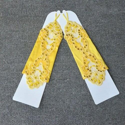 Colorful Flower Girl Banquet Party Fingerless Elegant Yellow Lace Embroidered Bridal Gloves 11 Inch 3-15 Years ST337