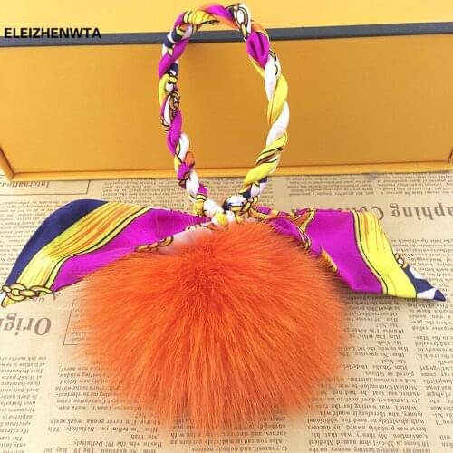 New Fluffy 10cm Pom pom Fox Fur Ball Keychain Keyring Bag Pendant Key Chains Ribbon Handbag Charm Accessory Llavero Women Gift