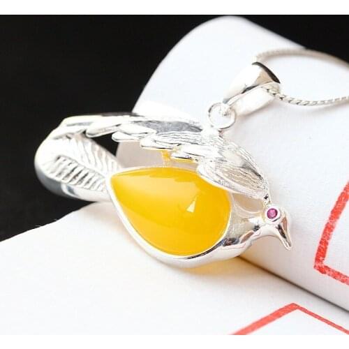 Silverware S925 Sterling Silver Rich Pendant Retro Thai Silver Pendant Handmade Natural Yellow Chalcedony Silver Pendant Women