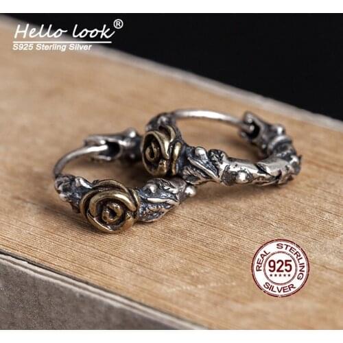 HelloLook 925 Sterling Silver Piercing Earrings Vintage Flower Rose Circle Hoop Earrings Hip Hop Jewelry