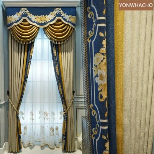 Custom curtains American high-grade chenille luxury seamless stitching yellow cloth blackout curtain valance tulle panel C1090