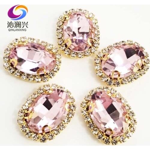 Pink oval shape top quality Glass Crystal buckle,golden base sew on rhinestones,Diy/Clothing/wedding decoration SWTKG10