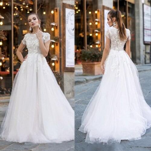 A-line Wedding Dress Short Cap Sleeve Wedding Gowns 2021 Bride Dress Lace Appliques Boho Wedding Bridal Dress Vestidos De Noiva