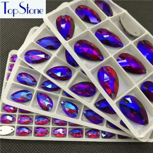 TopStone Siam Red AB Teardrop Sew On Crystal Stones Glass Droplet Sewing On Rhinestone 2 Holes DIY Garment Dress Making