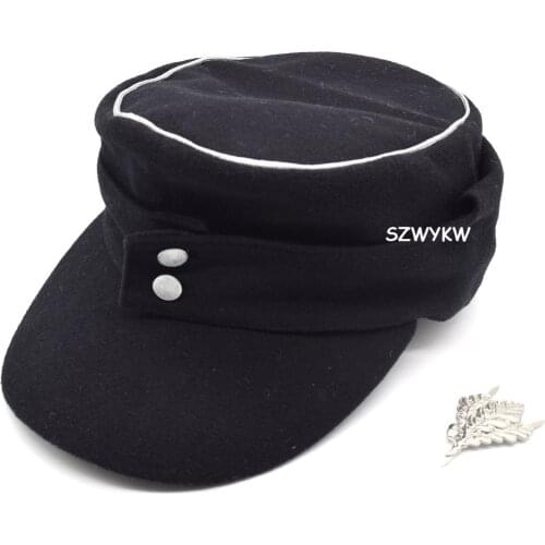 Military Reenactment WWII German WH Elite EM M43 Officer Panzer Wool Cap Hat Black+SKI Sniper OAK Leaf Badge
