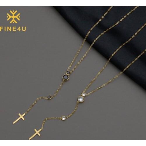 FINE4U N896 Stainless Steel Jewelry Choker Necklace Pendant Heart Cross Chain Statement Necklace For Women Girls