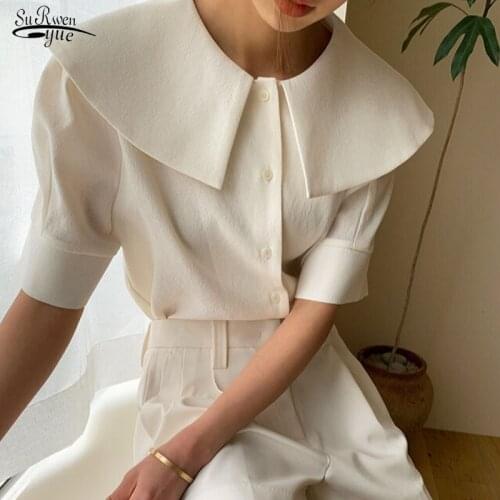Summer 2021 New Shirt Feminino Loose Work Style Ol White Blusas Peter Pan Collar Long Sleeve Single Breast Blouse Women 14383