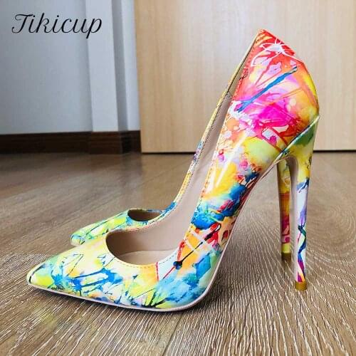 Tikicup Hawaii Style Women Oil Painting Printed Patent Pointed Toe High Heels Fashion Ladies Stiletto Pumps Large Size 33-45
