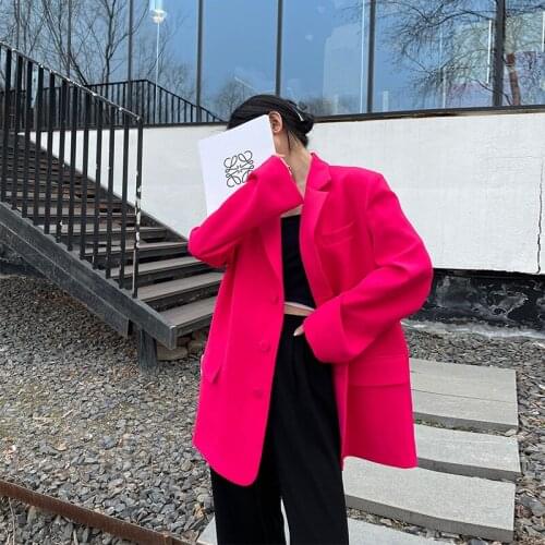 2021 Spring High Quality Rose Red Ladies Blazer Fashion Long Sleeve Lapel Double Breasted Suit Jackets Loose Coat Female H1426