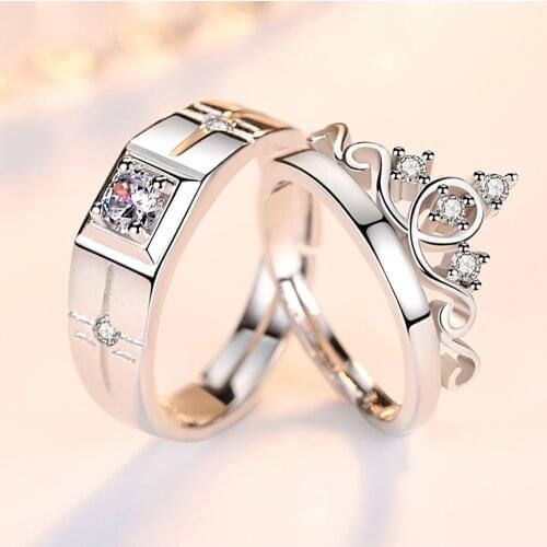 2Pcs/Pair Classic Resizeable Crown Crystal Couple Ring Wedding Engagement Adjustable CZ Jewelry Valentine Day Gift Wholesale