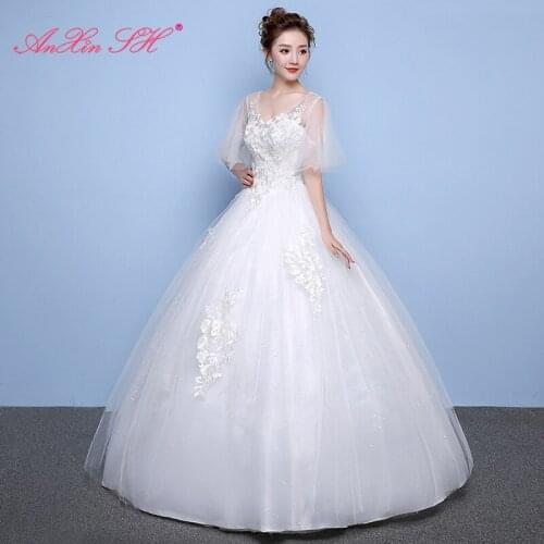AXJFU princess flower lace white wedding dress party vintage v neck illusion batwing sleeve bride glaring wedding dress