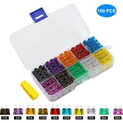 Auto Car Fuse Box 100PCS 2A 3A 5A 7.5A 10A 15A 20A 25A 30A 35A Amp with Box Clip Assortment Auto Blade Type Fuse Set Truck