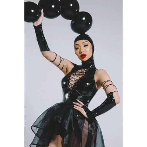 Future technology Black leather costume show stage dance wear women club bar clothing