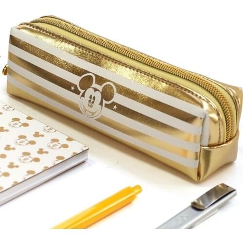 Disney Mickey Mouse Student Stationery Pencil Case Gold Striped Zipper Pencil Case Student Cartoon Minnie Pencil Case