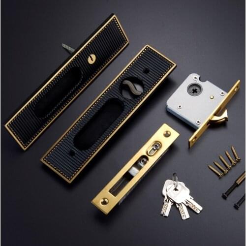 Dooroom Brass Sliding Door Lock Set Modern Stripy Push Pull Hidden Handle Interior Living Room Bathroom Balcony Lockset With Key