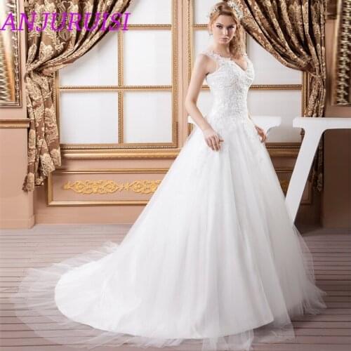 ANJURUISI Elegant Tulle Appliques V Neck A Line Wedding Dresses 2020 Beaded Bridal Gowns vestidos de noiva robe de mariage