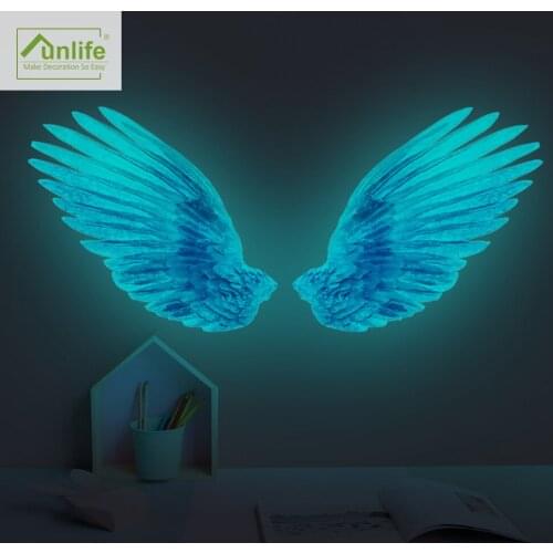 FUNLIFE Hand-painted Watercolor Angel Wings Luminous Wall Stickers Children Simulation Blue Wings Home Decoration Stickers