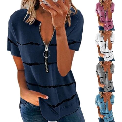 Harajuku Oversized T Shirt Women Summer New Sexy T-shirts Stripe Thin Cool Zipper Up V Neck Loose Elegant Pullover Top