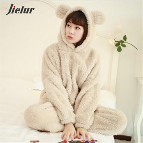 Jielur Winter Thick Warm Hooded Women Pajama Sets Cartoon Long Sleeve Shirt+Pants Home suit Print Femme Pijama Feminino M-XXL