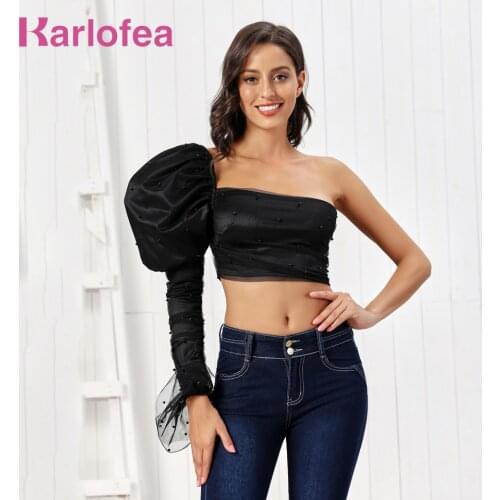Karlofea Casual Sweet Crop Top Outfits Chic One Shoulder Puff Sleeve Mesh Satin Elegant Ruched Shirts Pearl Celebrity Wear Tops