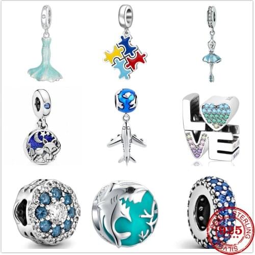 Hot Sale 100% Real 925 Sterling Silver Blue Dress Charm Fit Original Pandora Bracelet Making Eashion DIY Jewelry For Women