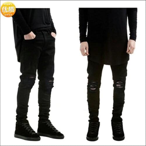 High Street Men Pencil Jeans Holes Scratches Ripped Skinny Destroyed Hole Slim Denim Hip Hop Punk Army Green Black High Quality