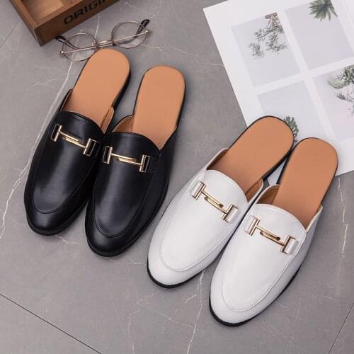Mules Men Leather Shoes Summer Casual Slippers Sandals Male Shoes Slip on Men Loafers Fashion Men Flats Moccasins White Black