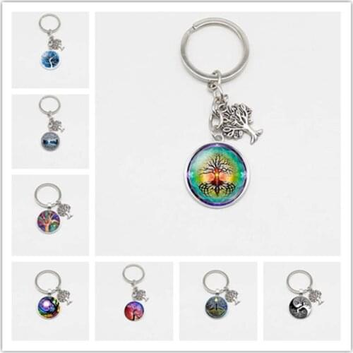 New fashion retro life tree glass pendant DIY charm metal keychain jewelry wholesale