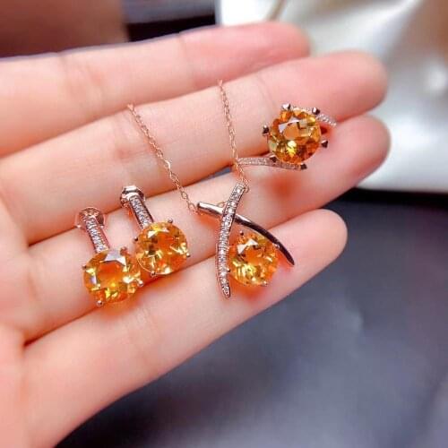 New Fashion Citrine Set Natural And Real Citrine Jewelry set 925 sterling silver 1pc Ring,1pc Pendant,2pcs Earring