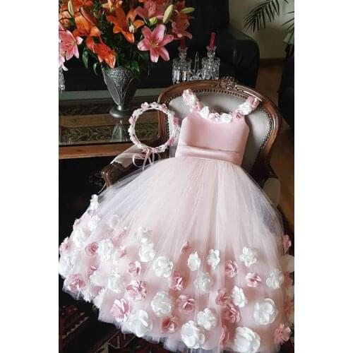 Pink Spaghetti Straps Flower Girls Dresses Floral Applique Girls Vintage Princess Ball Gowns Custom Pink Party Dresses