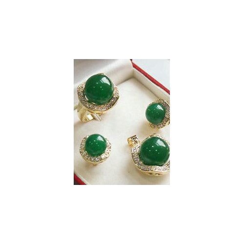 Prett Lovely Womens Wedding Wholesale 10*14MM Natural green gem Pendant Earring Ring Jewellery set new-jewelry